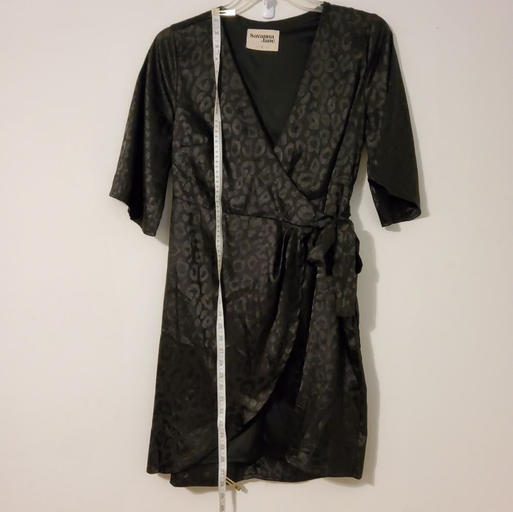 Savanna Jane Black Leopard Print Flare 3/4 Sleeves Wrap Dress Midi Dress - Picture 3 of 10